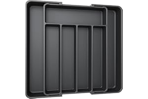 Aujen Cutlery Drawer Organiser - Expandable Kitchen Drawer Organiser, Adjustable Cutlery Tray, Utensil Organisation for Forks, Knives, Multipurpose Kitchen Storage, Black, 31.50x4.17x22.50~37.50 cm