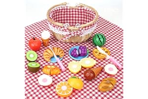GREHGE Veluoess Giocattolo da Picnic,Tagliare i Giocattoli del Cibo con Dolce e Frutta,Giocattoli Alimentari con Cestino da Picnic e Tappetino,Giocattoli D'imitazione Regali Educativi per Bambini e Bambine