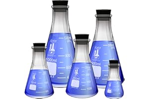 Glass Flask 5 Piece Set, Narrow Mouth Erlenmeyer, Borosilicate 3.3 Glass - 50ml, 150ml, 250ml, 500ml, 1000ml, Karter Scientific