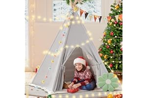 BlueWood Tipi Zelt für Kinder, Kinderzelt Spielzelt mit Gepolsterter Decke, Lichterkette, Tragetasche, Segeltuch Kinderzelt, Teepee Spielzelt - Grau