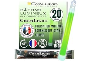 Cyalume - Bâton Lumineux Kit de Survie Matériel Militaire - ChemLight Lightsticks 15cm - Vert - Light Sticks Lumineux - Durée 12 heures - Boite de 20 pcs - OTAN et Armée Française - Fabriqué en France