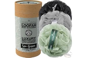 Temple Spring Loofah De Ducha, juego de puf de baño reciclado, paquete de 3 exfoliantes corporales, esponja de ducha/coletero exfoliante - Verde de agua