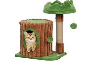 PawHut Árbol Rascador para Gatos, Árbol para Gatos 53 cm, Diseño de Tronco, Torre Escalador con Casita, Cama, Poste de Yute, Bolas Colgantes, Marrón y Verde
