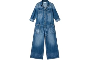 ZXTXGG Dam långärmad button-down brett ben tvättad denim jumpsuit
