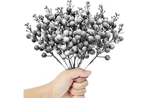 Kunjocy 12 Pcs Snowy Christmas Glitter Berries Stems - Frosted Artificial Picks for Wreath, Garland, Xmas Tree Ornament (Black)