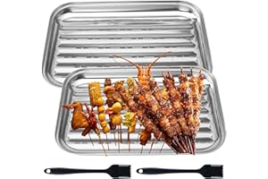 Sporgo Juego de 2 cuencos para barbacoa, acero inoxidable, 34 x 24 cm, reutilizables, con cepillo, accesorios para barbacoa, verduras, pescado, carne, cestas para barbacoa, apto para todas las