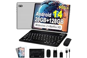 UJJ Tablet 10 Pollici Android 14 Tablet 20GB RAM+128GB ROM (TF 1TB) Octa-Core, Tablet PC 5G+2.4G WiFi 6, Widevine L1, 6000mAh, Bluetooth 5.0, Widevine L1, GMS, Tablet con Tastiera e Mouse - Silvery