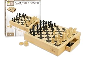 Teorema Giocattoli, scacchiera in legno portatile 3 in 1. Dama, Scacchi e Tria, giochi per bambini in legno. Cassetti estraibili, sono presenti pezzi di riserva.