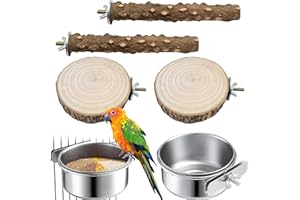 EDITBAR 6 Stück Natur Sitzstangen Set für Vögel,Edelstahl Vogel Futternapf zum Einhängen,Vogelkäfig Zubehör,Sitzstangen für Wellensittiche, Edelstahlschüssel Mit Ständer,für Wellensittich Kanarienvogel