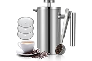 Wrobic Cafetiere French Press Coffee Maker, 1000ml/34oz Double-Wall Insulated Stainless Steel, 3 Level Filtration System, French Press for Home, Camping and Office (6 cup to 8 cup)