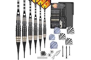 CareGames 6 Dardos Punta Plastico para Diana Electrónica, Dardos Diana Electronica de Profesionales con 12 Plumas de 4 Patrones,50 Puntas,9 Ejes de PC,2 Protectores de Plumas y Herramienta de Dardos