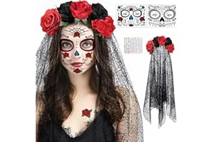 SUPRELUCK Karneval Haarreif und Schleier Gesichtstattoo, Dia de los Muertos Mexikanische Stirnband Schwarz Rot Blumen Kronen, Tag der Toten Haarschmuck, Karneval Fasching Halloween Damen Kostüm Accessoires