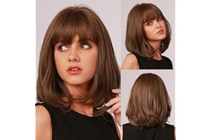EMMOR Short Brown Bob Wig for Women Natural Curly Synthetic Wigs With Bangs for Girls Party Cosplay Daily Use Wig