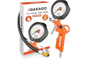Gakago Däckfyllmedel - Exakt däckpump med högkvalitativ 0-12 bar lufttrycksmätare - Extra lång 45 cm däckpumpsslang - Mångsid
