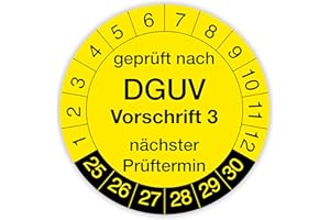 ‎IH ENGINEERING BV Prüfplakette „Geprüft nach DGUV Vorschrift 3“ – 140 Stück – Selbstklebende, UV-beständige und wetterfeste Prüfetiketten für Betriebsmittelprüfungen, Inspektionen, Leitern und Tritte (Ø 30 mm, Gelb)