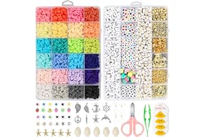 HOOWUDY 7048 Stück 6mm Polymer Clay Perlen,Perlen zum Auffädeln mit Buchstaben,Herzperlen,Klee-Perlen und Anhänger Selber Machen,Armbänder Selber Machen Set für Ringen Halsketten Geschenk, Erwachsener