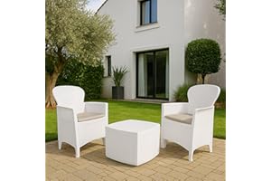 Dmora Juego de jardín con Cojines, 2 sillones y 1 Mesa contenedor Exterior, Made in Italy, Color Blanco