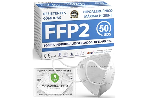 ADESTE – Mascarillas FFP2 Blancas con Certificado CE, cadena controlada, elásticos cómodos, hipoalergénicos y regulables. Seguras: potencia de filtrado BFE >99,5%. Sobres individuales sellados