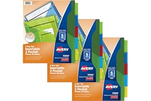 Avery Przegródki do 3 segregatorów pierścieniowych, przekładki do segregatorów z 5 zakładkami, dwukieszeniowe plastikowe przekładki, wkładane duże zakładki, wielokolorowe, 3 zestawy (71906)