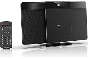 Roxel Reproductor de CD con sistema micro HiFi con radio FM, BT V5.4 inalámbrico, altavoces potentes, montaje en pared, entrada USB y AUX, control remoto, diseño elegante y plano, pantalla LED blanca