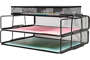 EXERZ Strato Di 2 Selezionatore/Organizzatore Da Scrivania In Rete Metallica Cablata/Con Divisorio/Supporto Per Memo Extra In Alto - Ufficio, Scuola, Studio - Multifunzionale (Nero Plus)