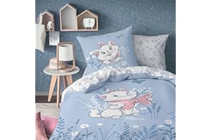 OMYDREAM Disney Home Les ARISTOCHATS Spring Parure de lit Enfant 1 Personne | 100% Coton | Oeko-TEX | Housse de Couette 140x200 cm + Taie d'oreiller 63x63 cm | Imprimé Réversible Fille | Bleu