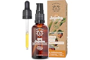 Bionoble Huile de Jojoba Bio 50ml + Pipette et Pompe - Bouteille en Verre - 100% Pure, Naturelle, Pressée à Froid - Huile de Jojoba pour Cheveux Visage Corps - Vegan Jojoba Oil, Huile Jojoba Bio
