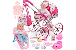 deAO Carrozzina Bambole con Bambola 30 cm, Seggiolone e Accessori Passeggino Giocattolo per Bambina dai 3 Anni, con Cestino Portaoggetti e Borsa Giocattolo Educativo per Bambina 3+ Anni