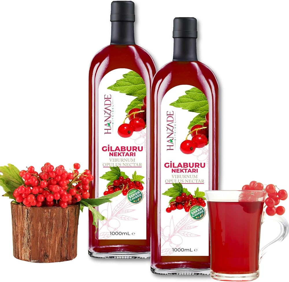 Hanzade Bitkisel Gilaburu Suyu Nektarı 1 Litre x 2 Adet Şeker İlavesiz Cam Şişe
