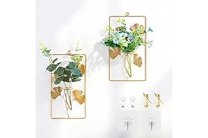NIUKOMY 2 Piezas de Jarrones de Pared, Jarrones Hidropónicos de Pared, Jarrón de Tubo de Ensayo, Jarrones Colgante de Metal Dorado, Jarrón Decorativo de Pared para Interior (Sin Plantas)