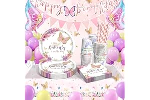 LAISLLA Schmetterling Partygeschirr Set, Geburtstag Party Geschirr, Pappteller schmetterling deko geburtstag, Schmetterling Pappteller Tassen Servietten Tischdecke für Party Kindergeburtstag Deko 16 Gäste