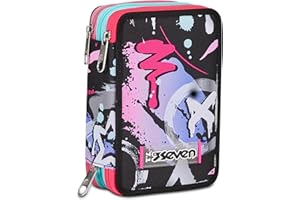 Seven Astuccio Scuola 3 Zip, Nero Viola Fucsia, Mark On Girl, Portapenne Triplo Scomparto Completo Di Penne, Matite, Colori, Accessori Zaino, Elementari, Medie, Bambina