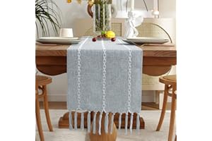 Wracra Bauernhaus Staubig Blau Tischläufer Vintage Baumwoll Leinen Tischläufer Rustikale 150cm mit Handquasten für Partys, Esszimmer-Dekorationen, Dessert-Tischdekoration(Staubig Blau, 150cm)