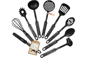 STONELINE Set d'Ustensiles de Cuisine 9 pcs, en Plastique et Design Original, avec Support en Plastique, adapté aux Ustensiles de Cuisine à Revêtement Antiadhésif, Noir
