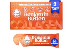 14x Marine Collagen Liquid Sachets - 10,000mg Hydrolysed Type 1 with Vitamin C | Skin, Hair, Nails | Orange Flavor | 2-Week Supply | Higher Absorption vs. Powder/Tablets - Benjamin Button®