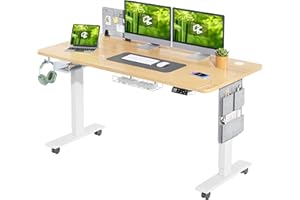 ‎MAIDESITE MAIDeSITe Höhenverstellbarer Schreibtisch (140 x 70 cm) Einfache Montage Computertisch Höhenverstellbar Elektrisch mit 4 Memory-Steuerung und Memoboard und 360°Rollen Schreibtisch SN1