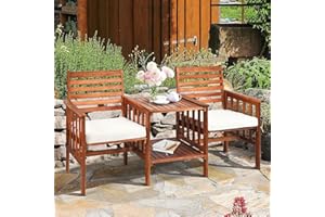 GIANTEX Gartenbank Holz mit Tisch, Holzbank Outdoor 2 Sitzer mit Kissen, Sitzbank Garten mit Schirmloch, Friesenbank Kinobank bis 350 kg belastbar, Terrassenbank für Balkon Terrasse 165 x 65 x 88 cm