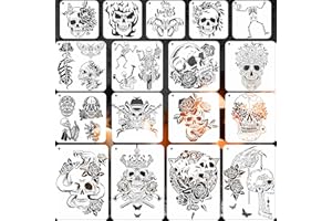 NQEUEPN 17pcs Pochoirs d'Halloween Réutilisables Plastique Sculpture Crâne, Fleurs Motifs Papillons Modèles Dessin Pochoirs Carrés Signe pour Peinture sur Bois Carte de Scrapbooking Dessin