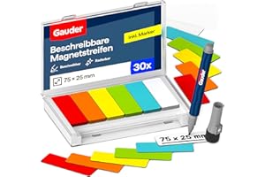 ‎GAUDER GAUDER Magnetetiketten beschreibbar - Wiederverwendbare Magnetschilder zum Beschriften für Whiteboard, Tafel, Kanban-Board und Kühlschrank - Magnetkarten mit Marker (30 Stück - 75 x 25 mm)