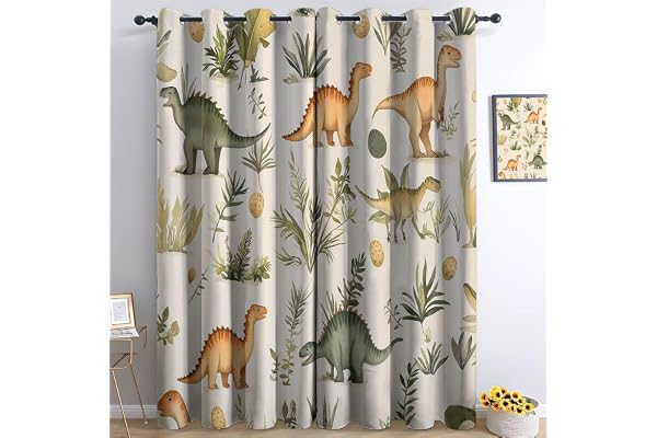 Gardin ogenomskinlig H 280 x B 75 cm (2-pack) tecknade växter dinosaurie för termiska gardiner köldskydd gardiner värmeisolerande lättskött vardagsrum sovrum mörkläggningsgardiner gräddgrön