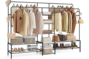 SONGMICS Stand Appendiabiti, Guardaroba Aperto, 9 Ripiani Portaoggetti, Struttura in Metallo, Barre Appendiabiti, Camera da Letto, Soggiorno, Ingresso, Nero HSR183B01