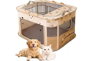 ALLSOPETS Parque para Perros y Gatos Plegable, Jaula para Perros y Gatos, Recinto Portátil con Bolso de Mano para Uso en Interior, Exterior, Viajes y Camping (Oso Marrón, M)