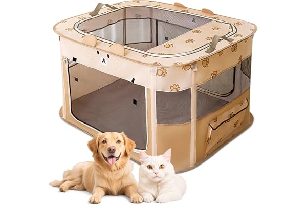 ALLSOPETS Parque para Perros y Gatos Plegable, Jaula para Perros y Gatos, Recinto Portátil con Bolso de Mano para Uso en Interior, Exterior, Viajes y Camping (Oso Marrón, M)
