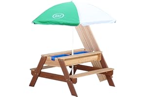 AXI Nick Table Sable et Eau/Pique Nique avec Parasol en Bois Marron | 95 x 97 x 48 cm | avec Couvercle, Boîtes de Rangement & Parasol | Extérieur pour Le Jardin
