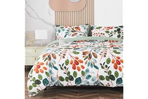 Jemiipee Set Copripiumino Floreale Colorato Letto Matrimoniale Primavera Rami e Foglie, 1 x Copripiumino 220x240 cm e 2 x Federe 50x70 cm Completo Sacco Parure Letto Bohémien Microfibra Verde