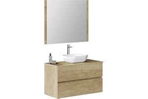 Baikal Baño Onyx, 2 cajones, suspendido en Pared, con Lavabo cerámico. Mueble Montado, Melamina 16,Mueble F46 + Top + Lavabo + Espejo 90 cm Nature