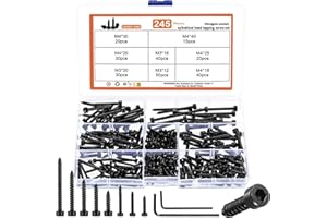 YOUYIDUN 245 Pcs M3 M4 Self Tapping Screws for Wood screws Assortment Kit, Assorted Self-tapping Hex Socket Head Cap Screws for Home Repair DIY Furniture Chipboard Decking Screw