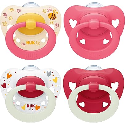 NUK First Choice Classic Day & Night – Succhietto Ortodontico 0-6 Mesi, Si Illumina Al Buio, Confezione Da 4 In Viola