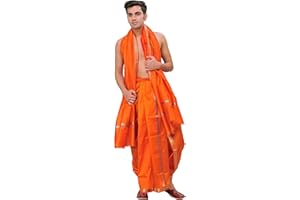 Exotic India Dhoti and Angavastram Set with Golden Woven Paisley on Border