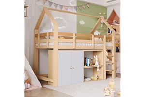 Dolamaní Letto a castello 90 x 200 cm con 2 ripiani e armadietto, letto a soppalco con scala, telaio in legno massiccio, con protezione anticaduta, naturale e bianco (90 x 200 cm, a forma di casa +